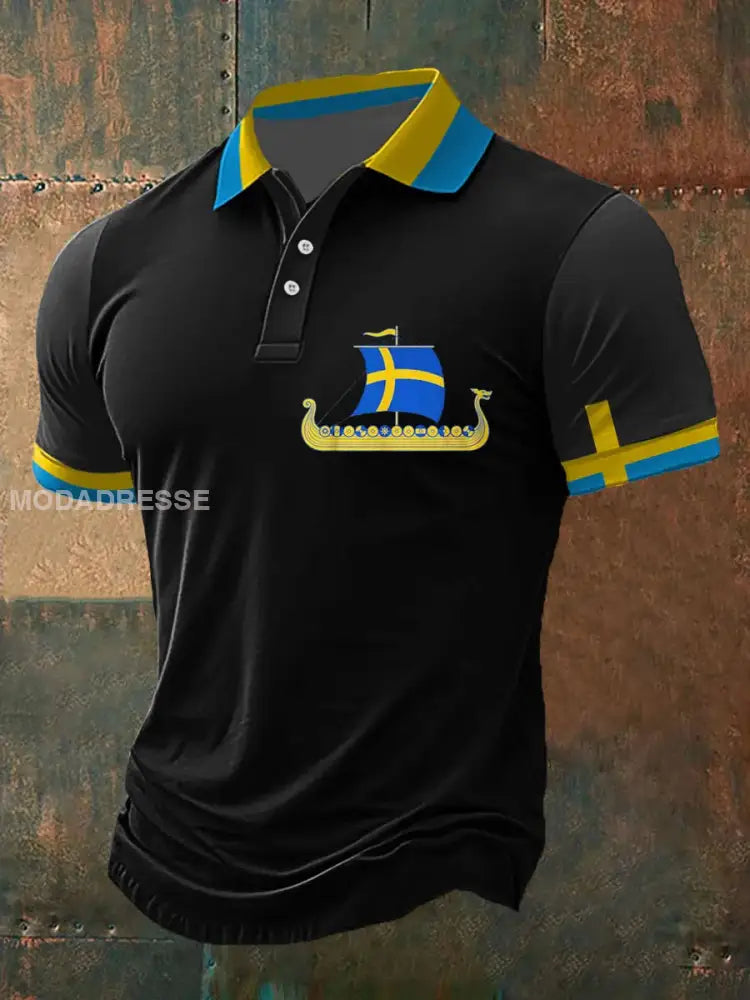 Mäns svenska Vikingtema tryckt Casual Polo tröj som bild / S