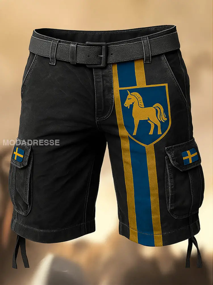 Mäns Sverige Flag tryckt Retro Textur dragsträng Pocket Casual Cargo Shorts A / M