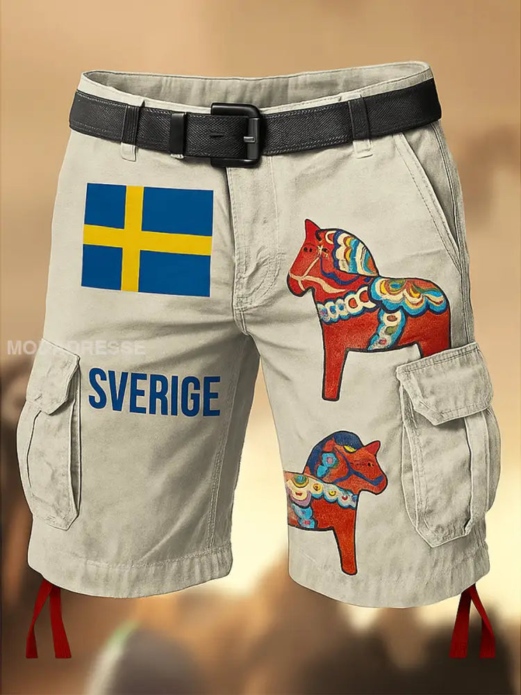 Mäns Sverige Flag tryckt Retro Textur dragsträng Pocket Casual Cargo Shorts A / M