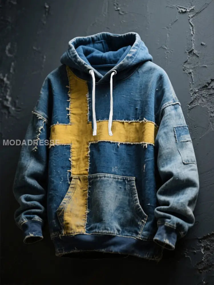 Mäns Sverige Flagg Konst tryckt Hoodie Konsta blå / S