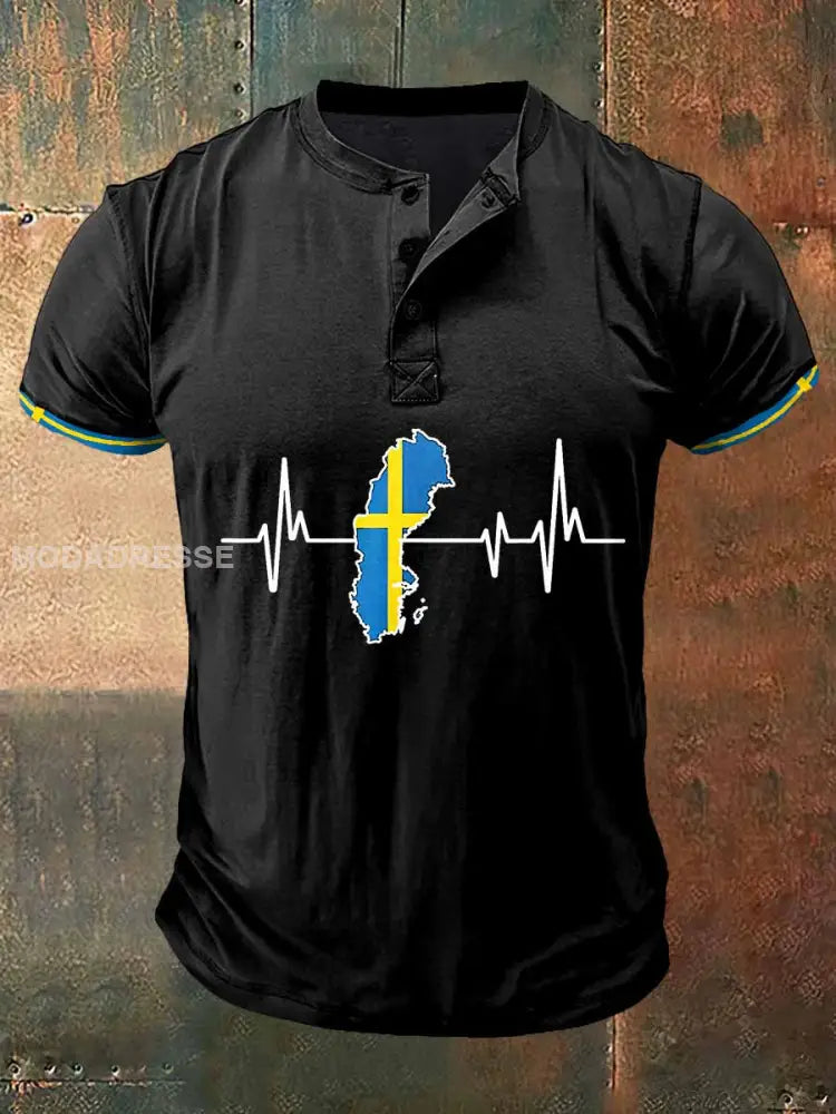 Mäns Sverige Karta Utskrift Konst Kort ärm Henley Hals T-shirt S