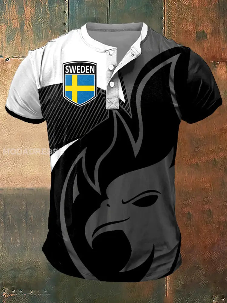 Mäns Sverige Print Konst Kort ärm Henley Hals T-shirt svart / S