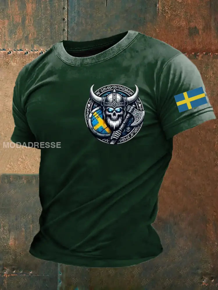 Mäns Sverige Viking Flagg Tryckt T-shirt mörk gröna / S