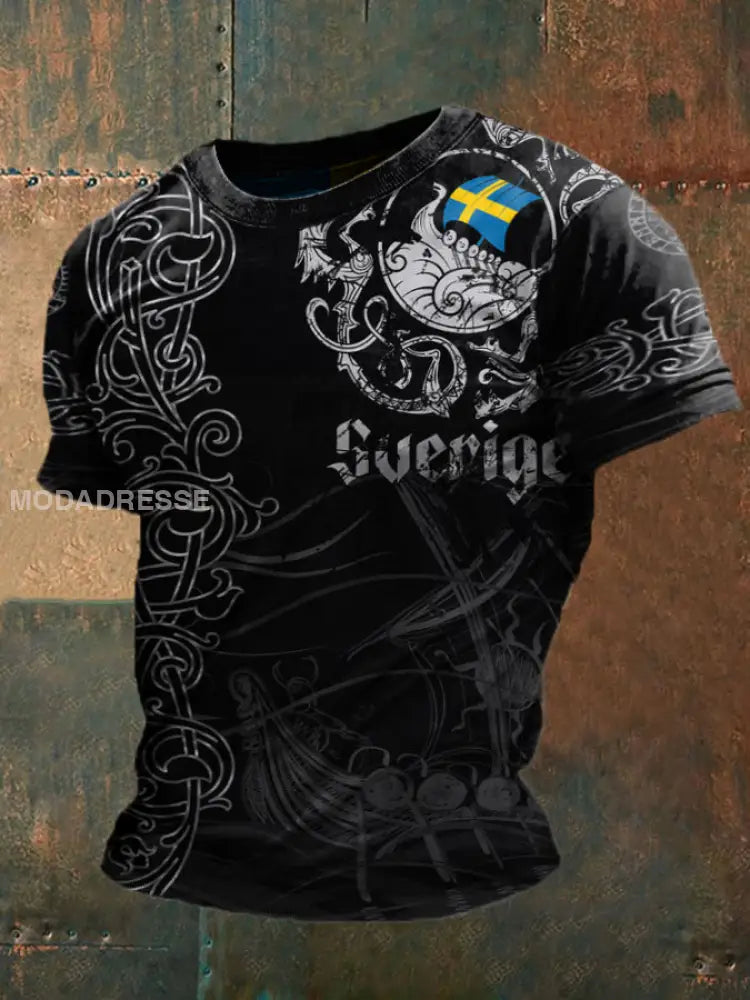 Mäns Sverige Viking Style T-shirt svart / S