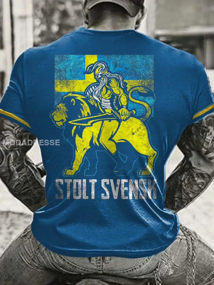 Mäns Sveriges flagg tryckt T shirt blå / S