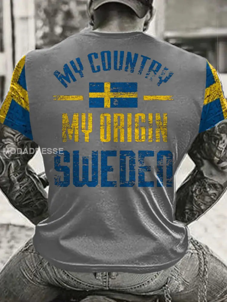 Mäns Sveriges flagg tryckt T shirt ljusgrå. / S