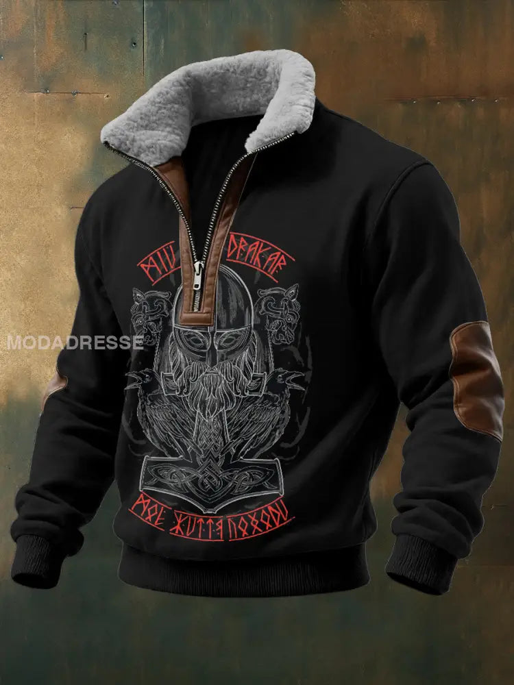 Mäns Viking krigare Skull tryckt lång ärm Stand up krage blixtlås Lamm Ull Topp svart / S