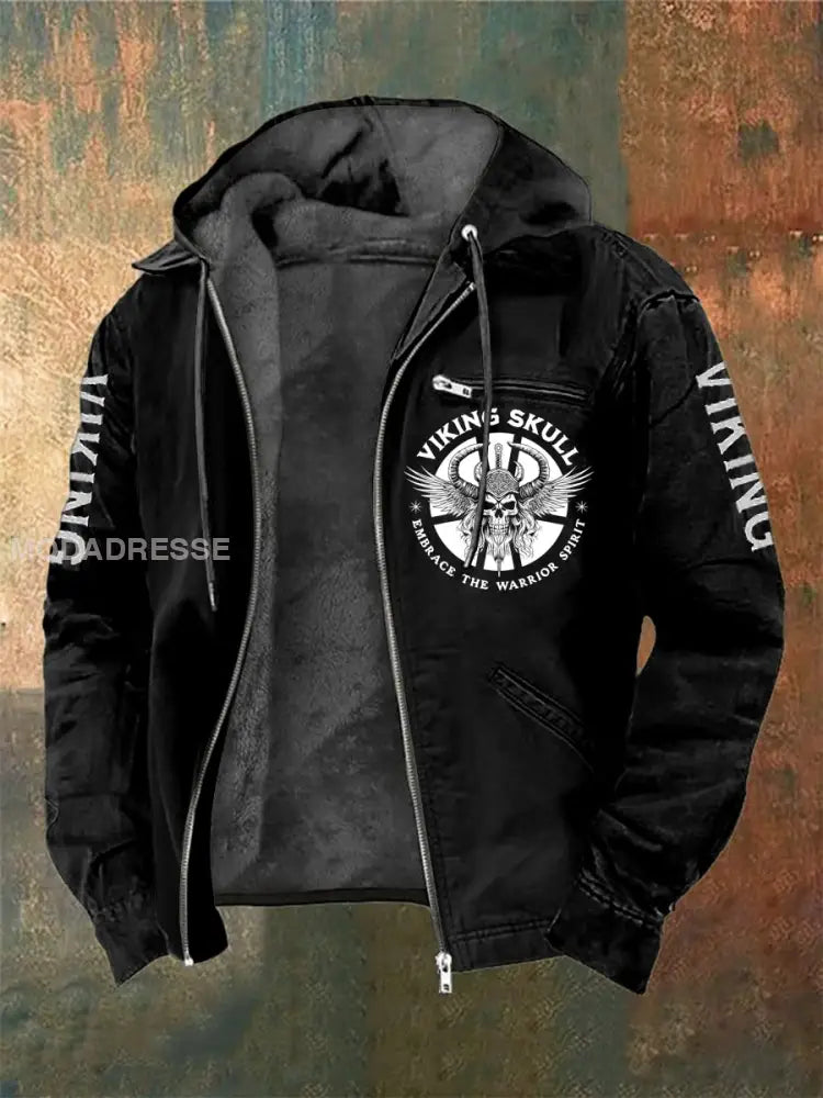 Mäns Viking krigare Skull tryckt långärmade huvade jacka svart / S