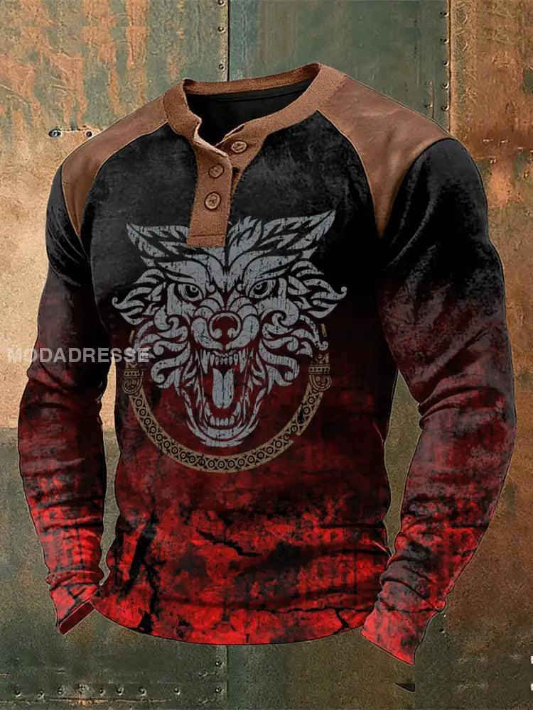 Mäns Viking Print Raglan Knapp Henley tröj svart / S