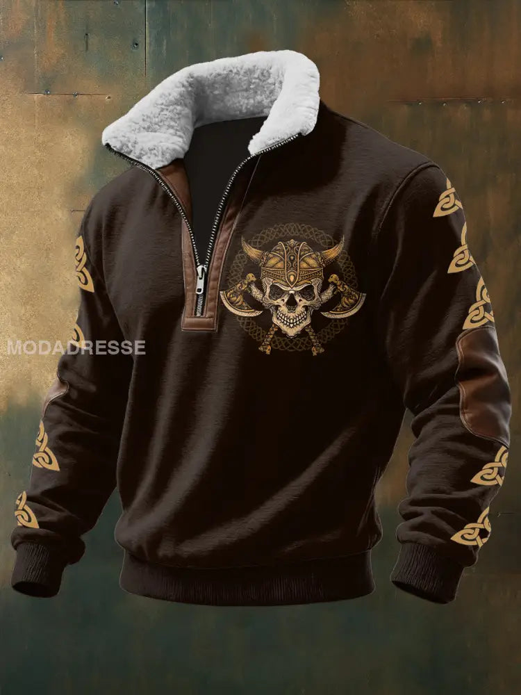 Mäns Viking Skull tryckt lång ärm Stand up krage Lambhair blixtlås topp brun / S