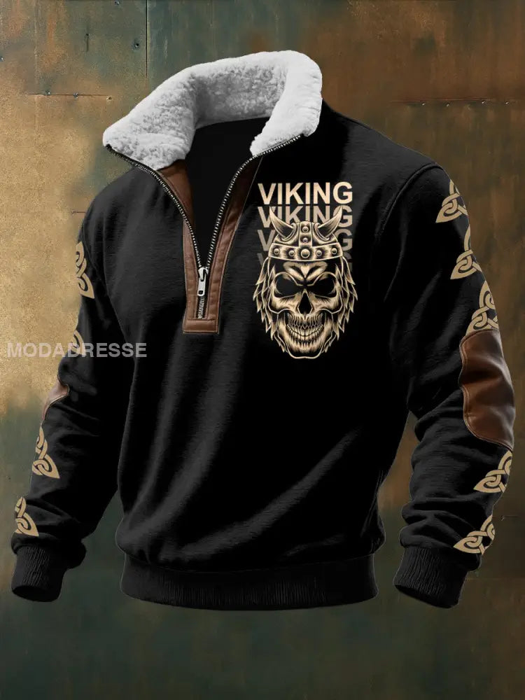 Mäns Viking Skull tryckt lång ärm Stand up krage Lambhair blixtlås topp svart / S