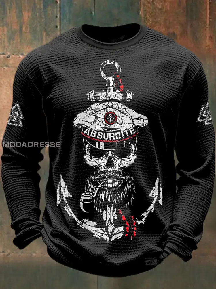 Mäns Viking Skull tryckt våffle lång ärm rund hals tröjar svart / S