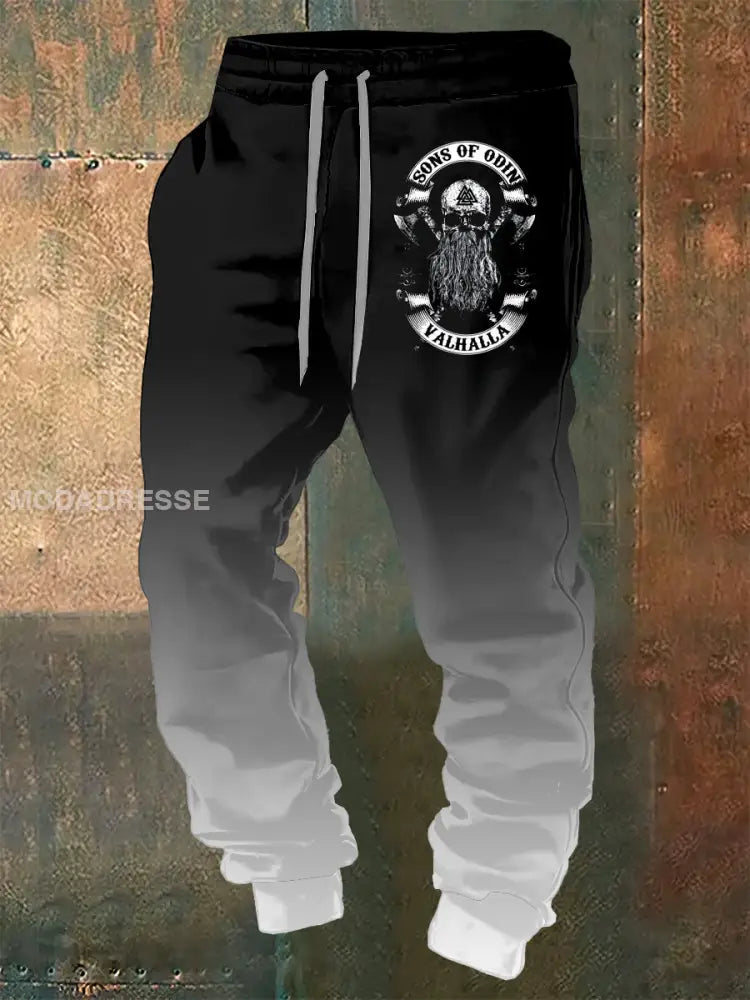 Mäns Viking Skull tryckta dragsnöre Sportbyxor svart / S