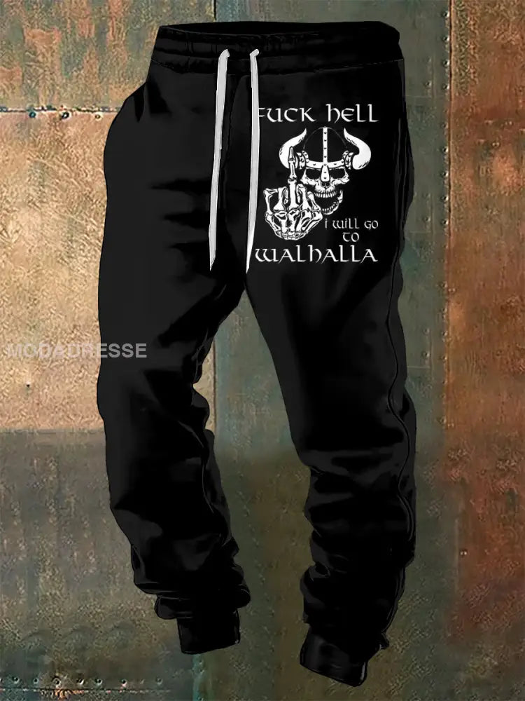 Mäns Viking Skull tryckta dragsnöre Sportbyxor svart / S