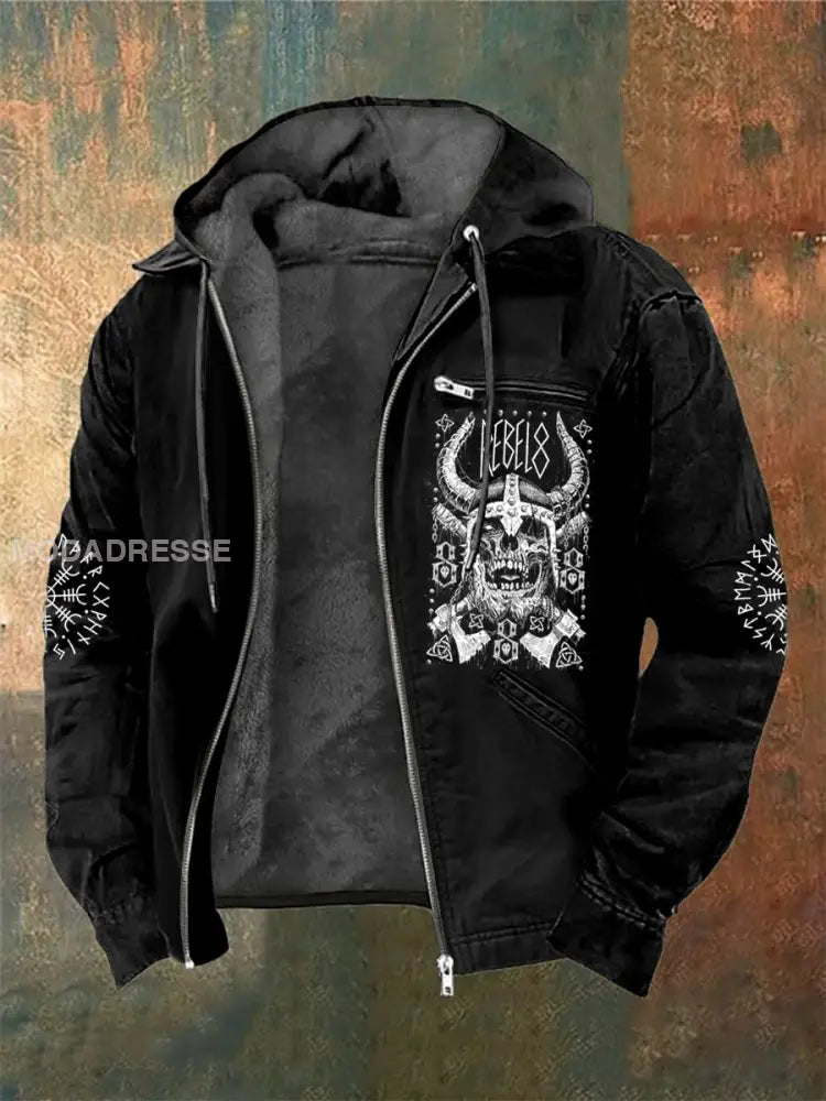 Mäns Viking Skull Tryckta långärmade huvade jacka svart / S