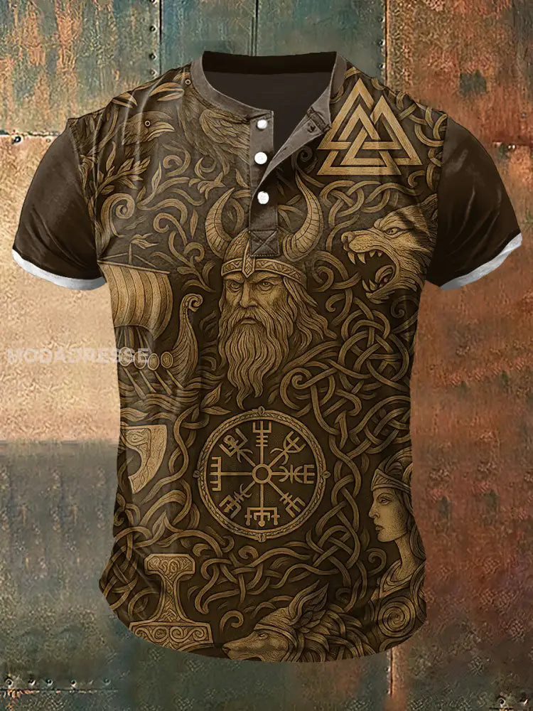 Mäns Viking Style Print konst kort ärm henley hals T-shirt som bild / S