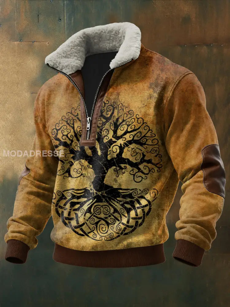 Mäns viking träd tryckt lång ärm Stand up krage Lambhair blixtlås topp brun / S