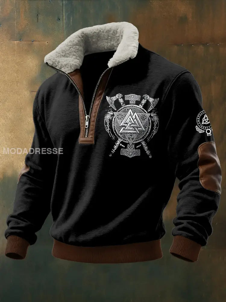 Mäns viking triangel Tryckt lång ärm Stand up krage Lambhair blixtlås topp svart / S