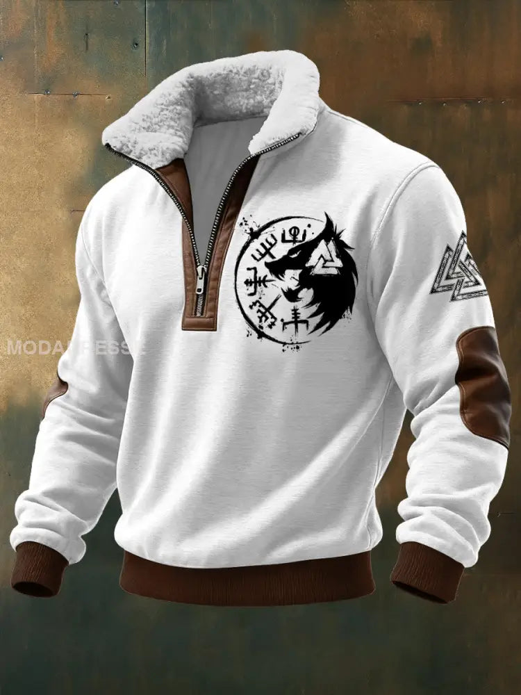 Mäns viking triangel Tryckt lång ärm Stand up krage Lambhair blixtlås topp vitt / S