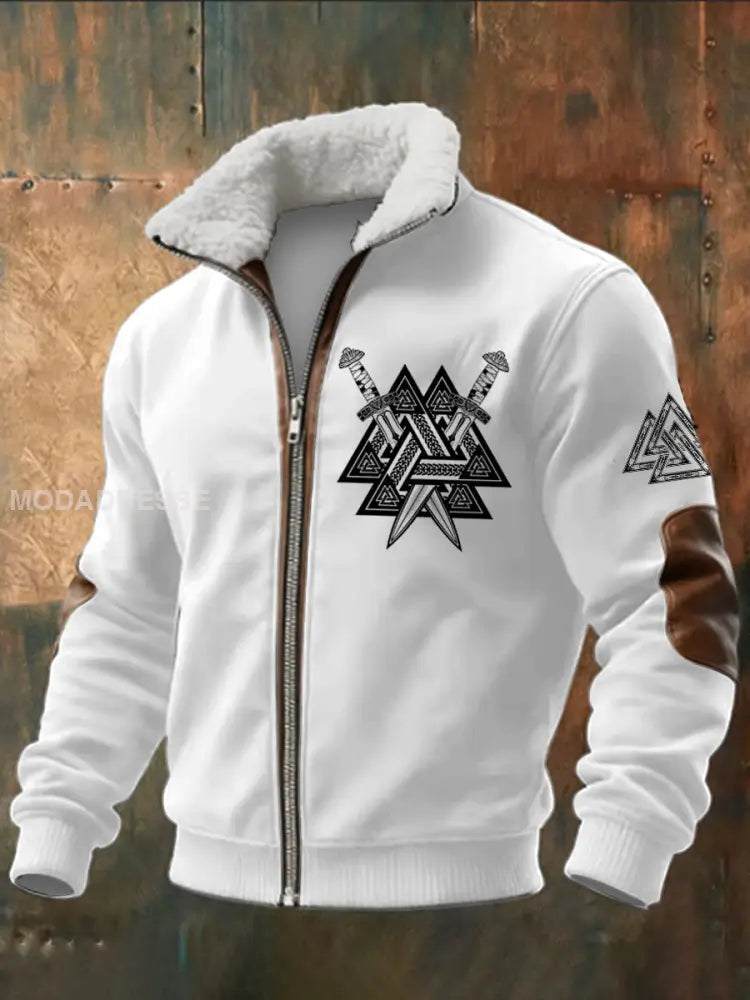 Mäns viking triangel Tryckt lång ärm Stand up krage Lambhair blixtlås topp vitt / S