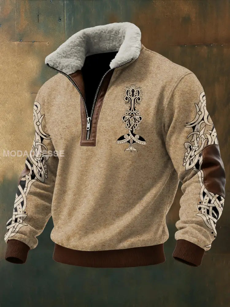 Mäns viking tryckt lång ärm Stand up krage Lambhair blixtlås topp Khaki / S