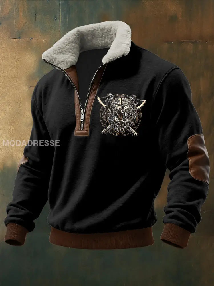 Mäns viking tryckt lång ärm Stand up krage Lambhair blixtlås topp svart / S