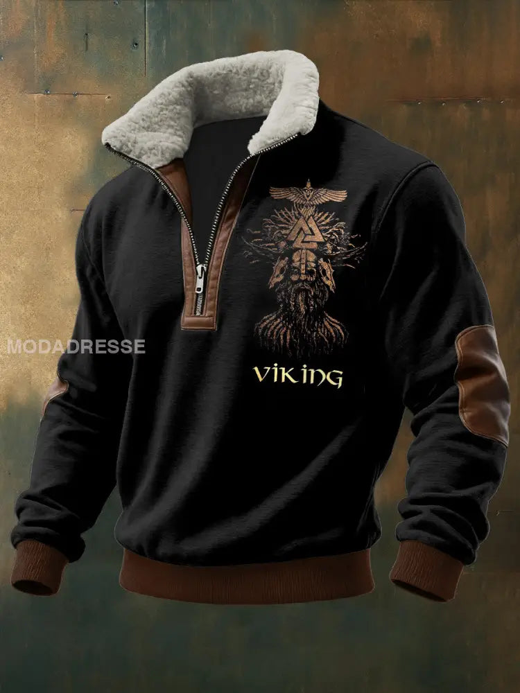 Mäns viking tryckt lång ärm Stand up krage Lambhair blixtlås topp svart / S