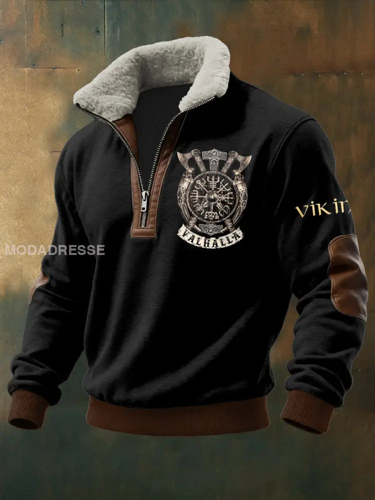 Mäns viking tryckt lång ärm Stand up krage Lambhair blixtlås topp svart / S