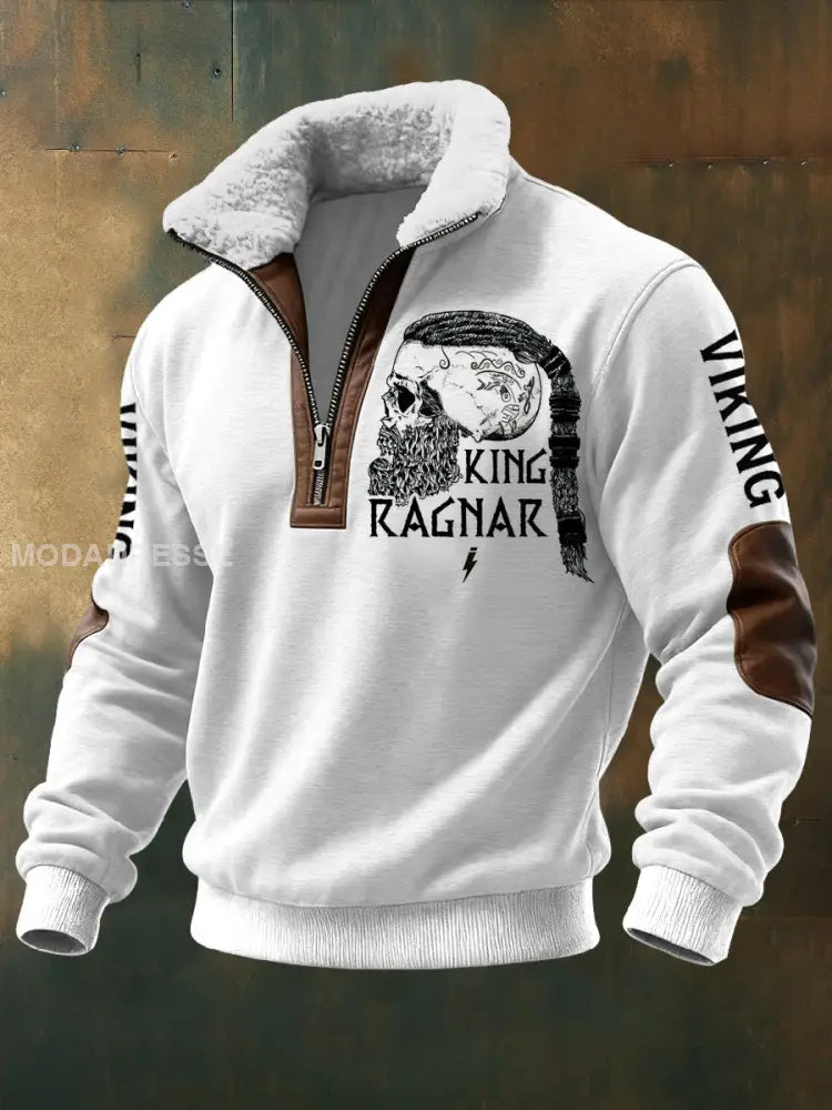 Mäns viking tryckt lång ärm Stand up krage Lambhair blixtlås topp vitt / S