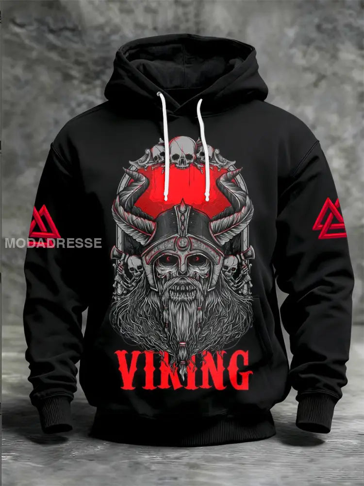 Mäns viking tryckt långärm med huvad svart / S