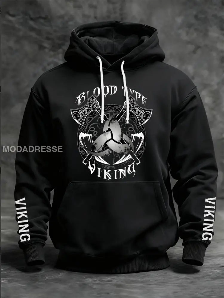 Mäns viking tryckt långärm med huvad svart / S