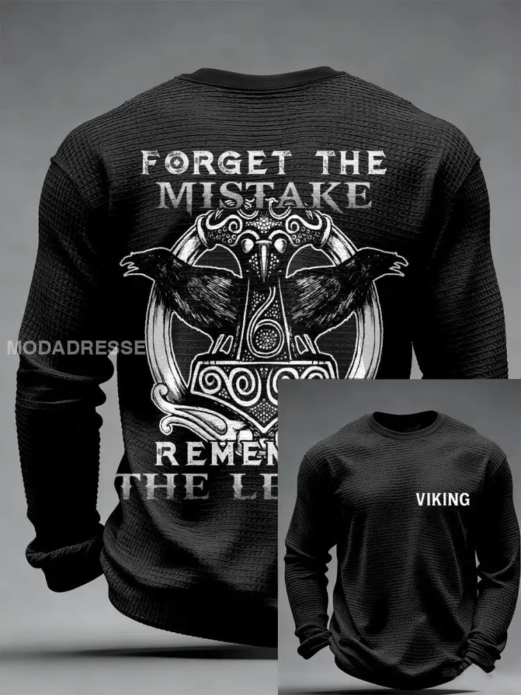 Mäns viking tryckt våffle lång ärm rund hals tröjar svart / S