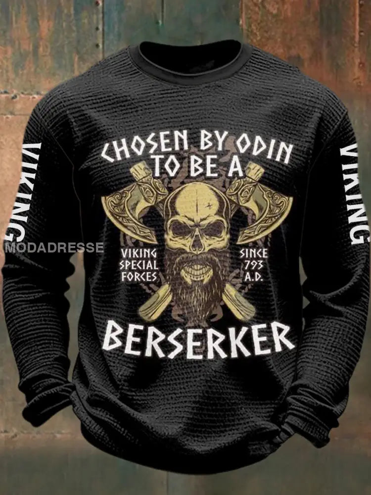 Mäns viking tryckt våffle lång ärm rund hals tröjar svart / S