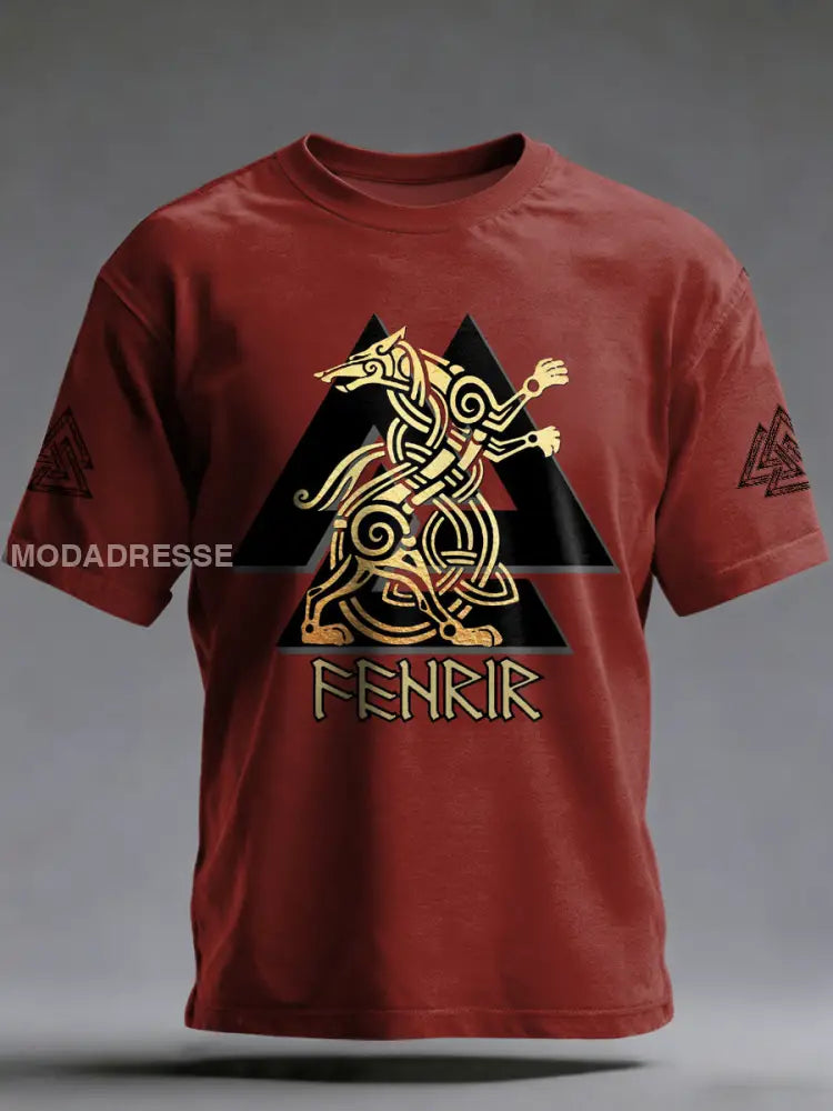 Mäns viking tryckt Vintage Fashion Loose kort ärm T-shirt djupröd / S