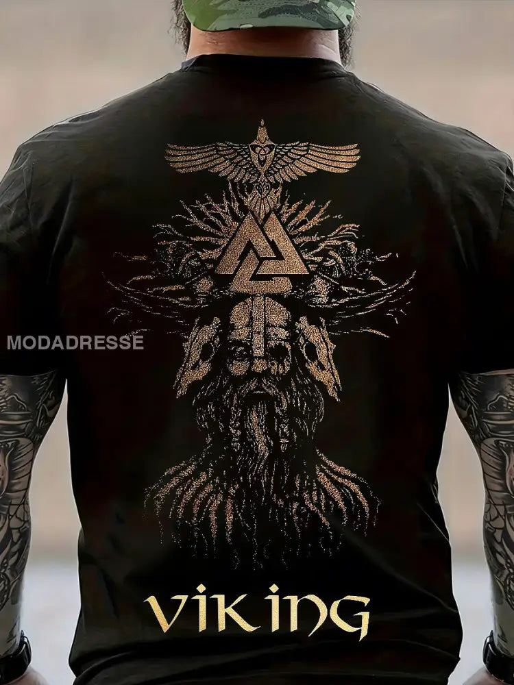 Mäns viking tryckt Vintage Fashion Loose kort ärm T-shirt svart / S