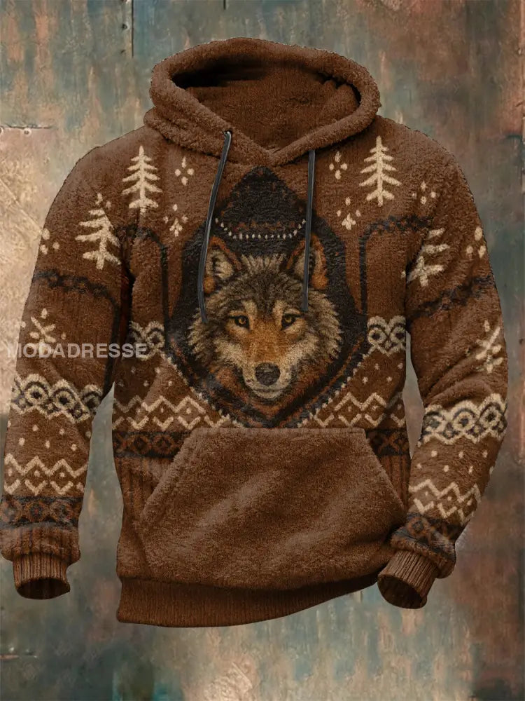 Mäns Viking Wolf Plush Hoodie. brun / S