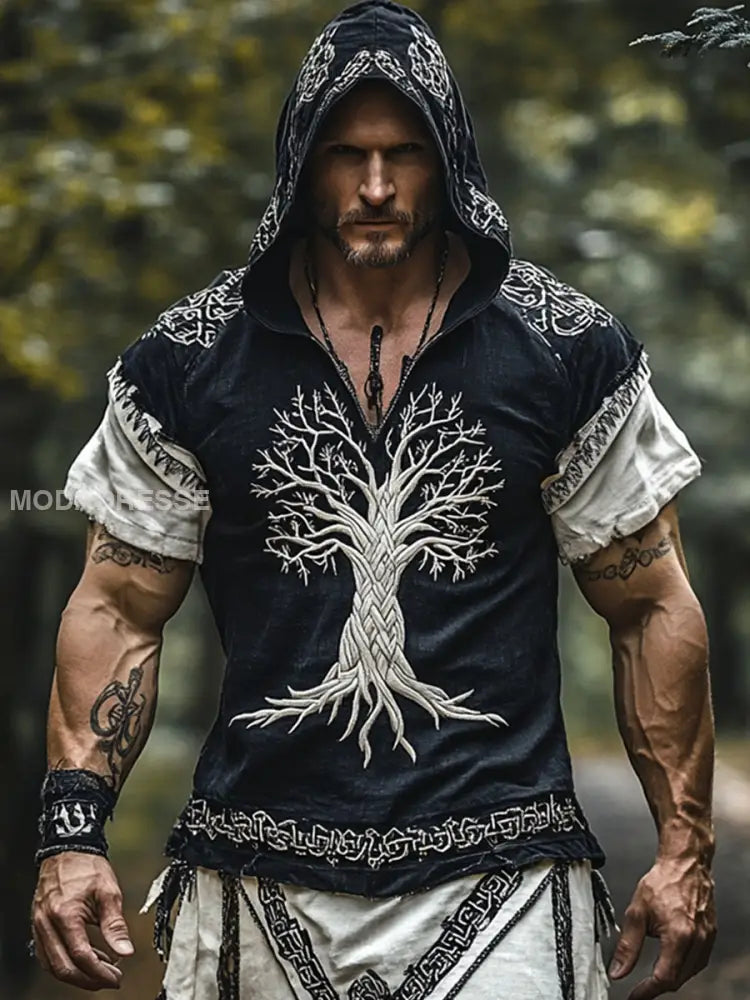Mäns vikinga stil huvad kort ärm T-shirt svart / S