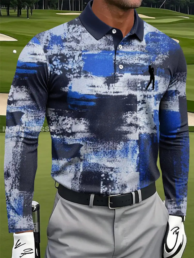 Mäns Vintage bekymrade färgglada konstnärliga tryck Casual Business långärmad Polo tröj S