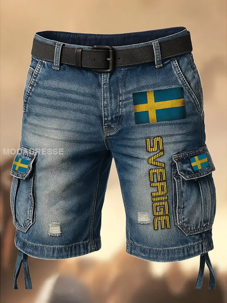 Mäns Vintage Flagge Schwedens tryckt textur dragsnöre pocket Casual Cargo Shorts A / M