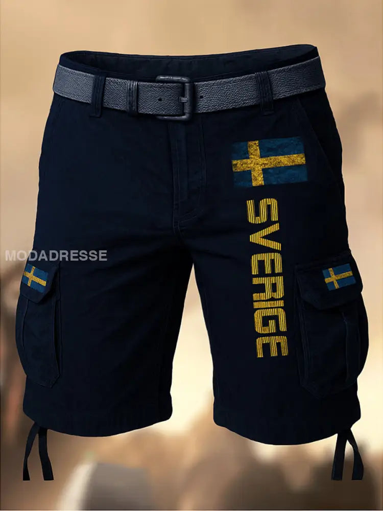 Mäns Vintage Flagge Schwedens tryckt textur dragsnöre pocket Casual Cargo Shorts A / M