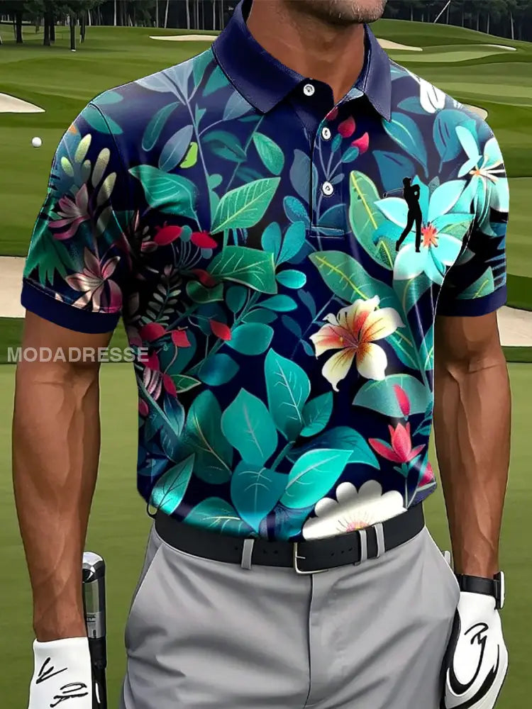 Mäns Vintage Floral Art Print Casual Short Sleeve Polo tröj flerlog / S