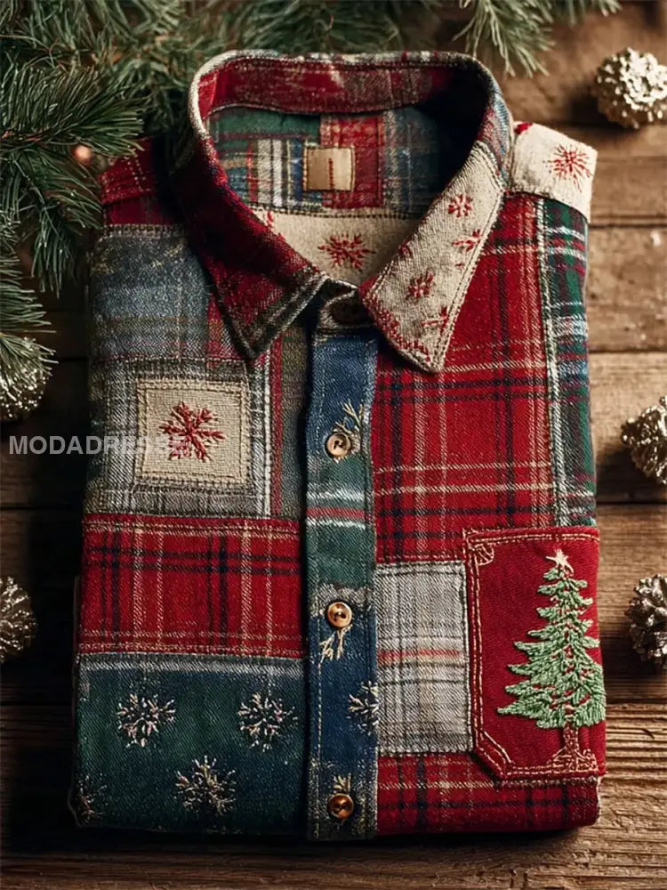 Mäns Vintage julgran & Snöflingor Färgblock Plaid skjorta som bild / S