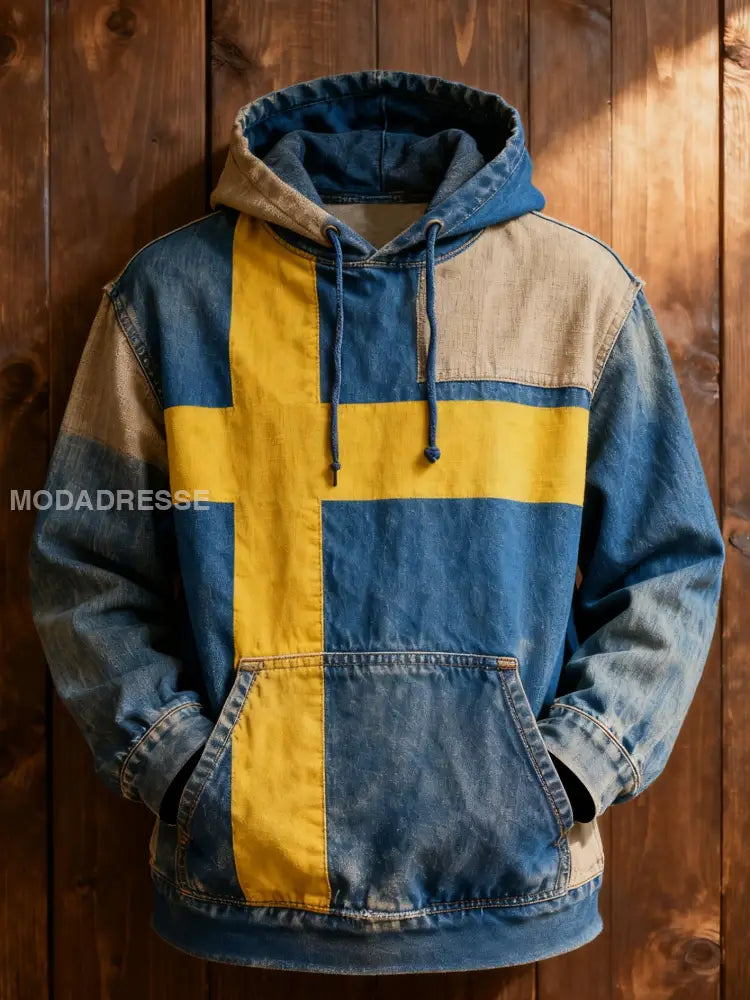 Mäns Vintage Svensk flagga Tryck Casual Hoodies som bild / S