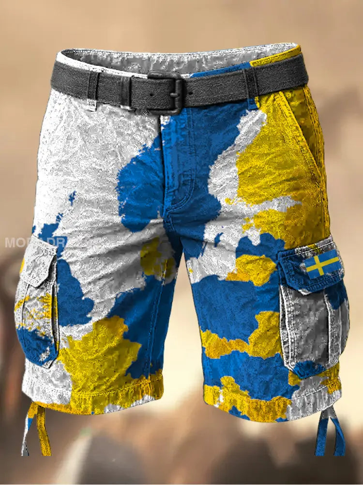 Mäns Vintage Svenska Flag Grafiskt tryckt textur Casual Cargo Shorts A / M