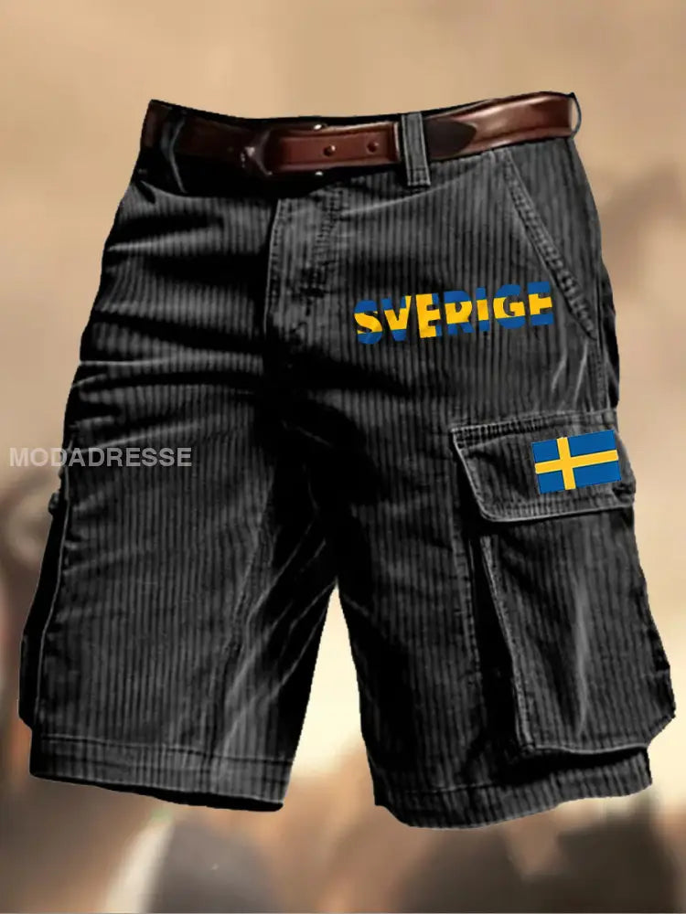 Mäns Vintage Svenska Flag Grafiskt tryckt textur Casual Cargo Shorts A / S