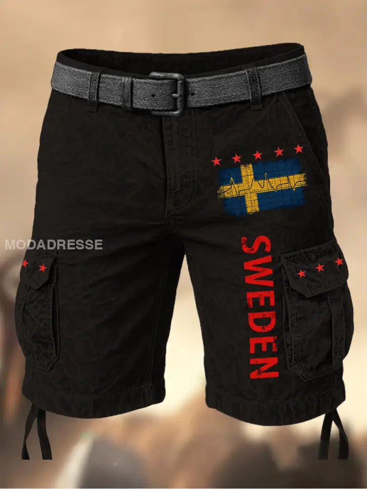 Mäns Vintage Svenska Flag Grafiskt tryckt textur dragsnöre Pocket Casual Cargo Shorts A / M