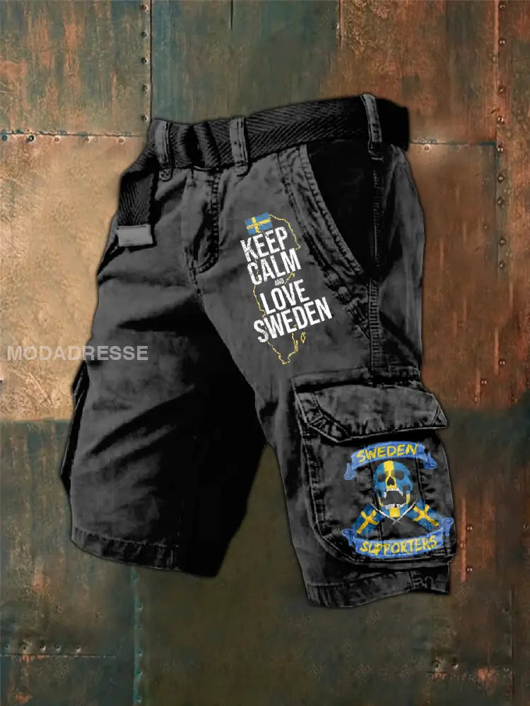 Mäns Vintage Svenska Viking Print Cargo Shorts som bild / S