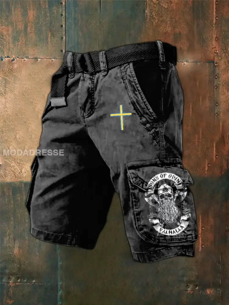Mäns Vintage Svenska Viking Print Cargo Shorts som bild / S