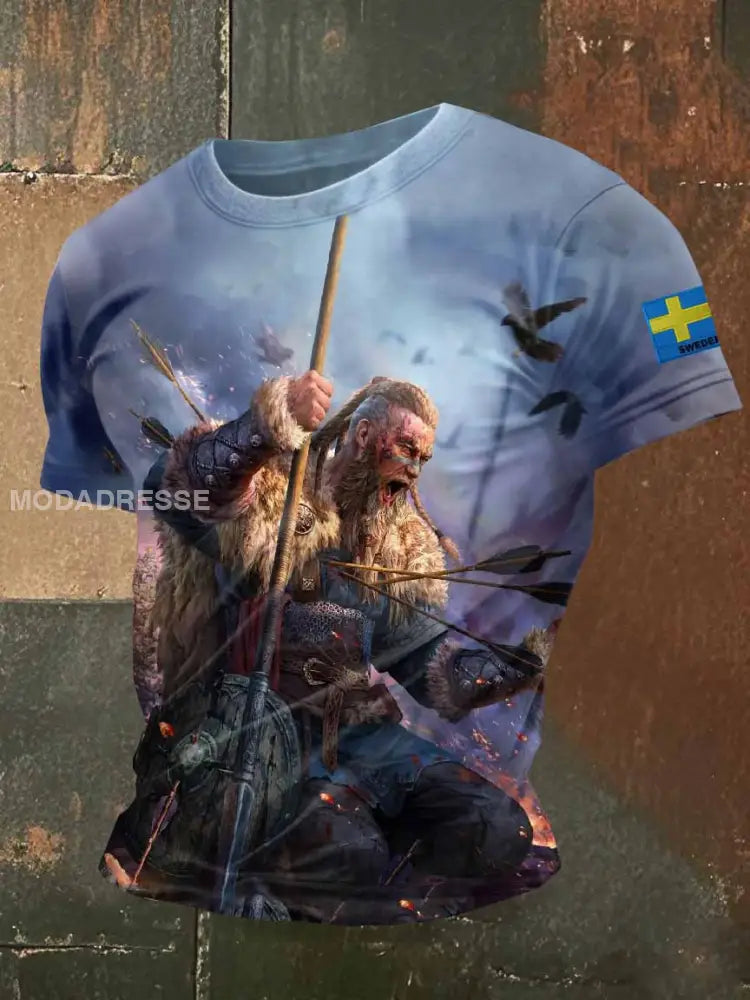 Mäns Vintage Svenska Viking Print Casual T-shirt som bild / S