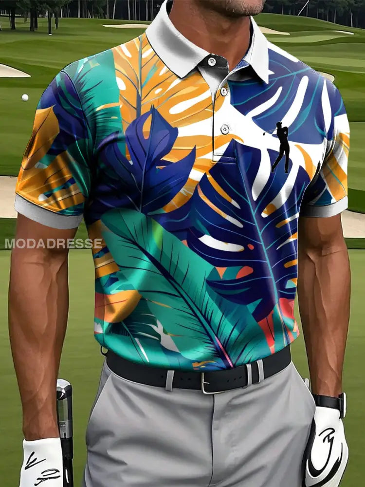 Mäns Vintage Tropical Palm Leaf konst Print Casual Short Sleeve Polo tröj flerlog / S